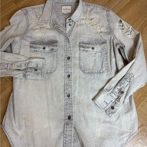 American Eagle Outfitters Distressed Light Gray Denim Shirt
